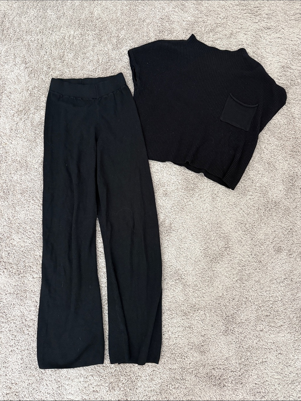 Black Wide-Leg Knit Pants Set - Classic Comfort